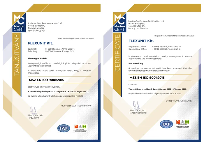 Tanúsított minőség, kiszámítható gyártás - Flexunit Kft